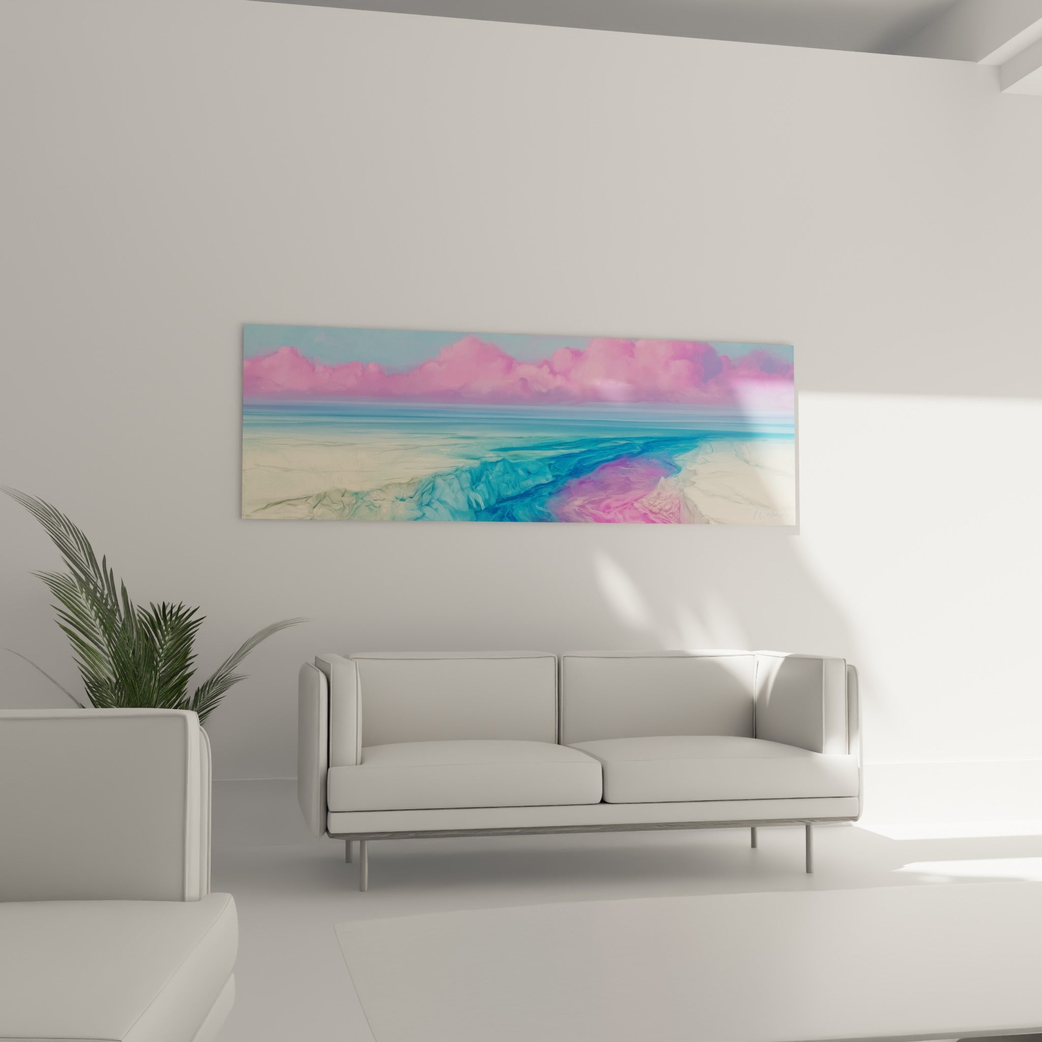 Nuages roses et sable turquoise fondus en dégradé doux, disposés au-dessus d'un canapé dans un salon lumineux
