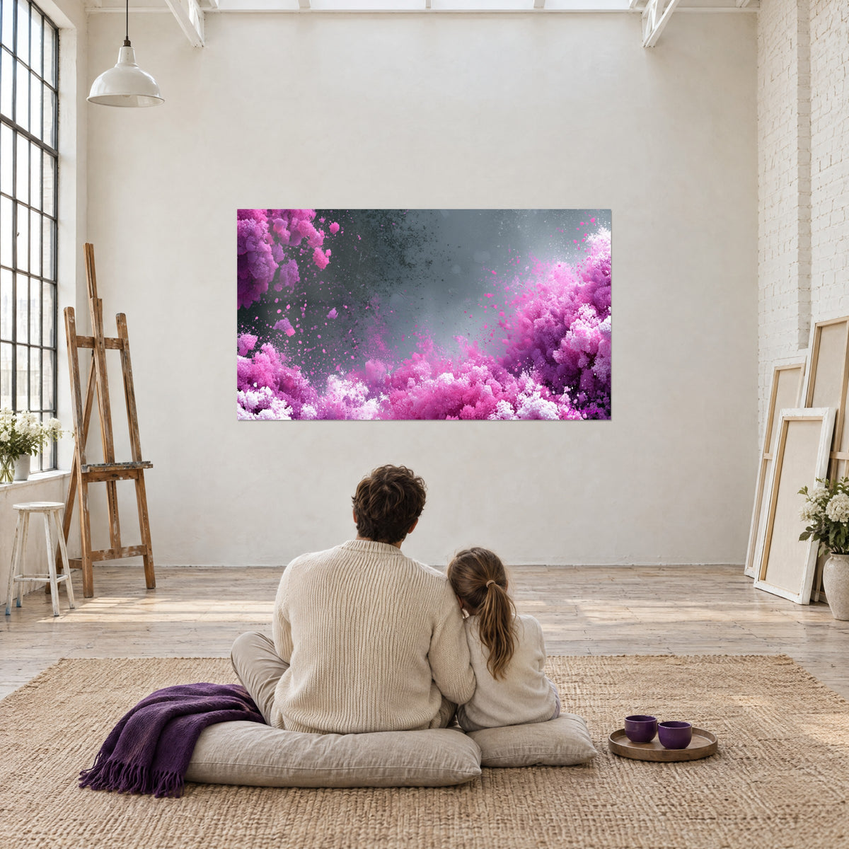 Gemälde mit einer Wolke aus magenta- und fliederfarbenen Pigmenten auf graphitfarbenem Grund, betrachtet von einem Paar, das auf einem Teppich sitzt, in einem Atelier