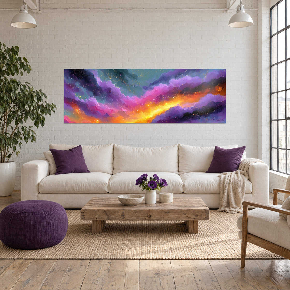Gemälde Nebel in Violett mit orangefarbenen und goldenen Schlieren, schimmernder Staub, über einem Sofa in einem hellen Wohnzimmer