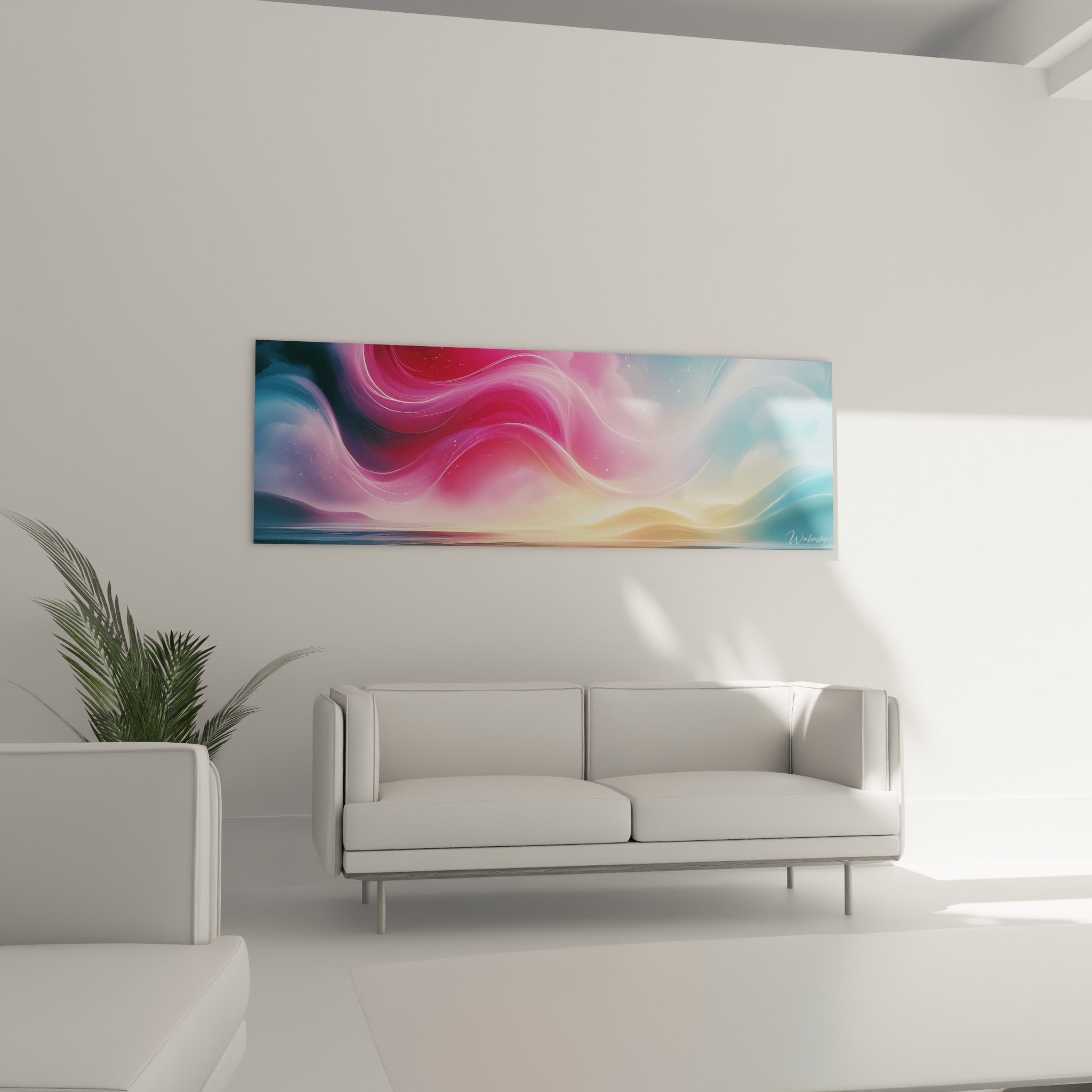 Courbes lumineuses fuchsia et dorées traversant un ciel pastel, au-dessus d'un canapé dans un salon lumineux