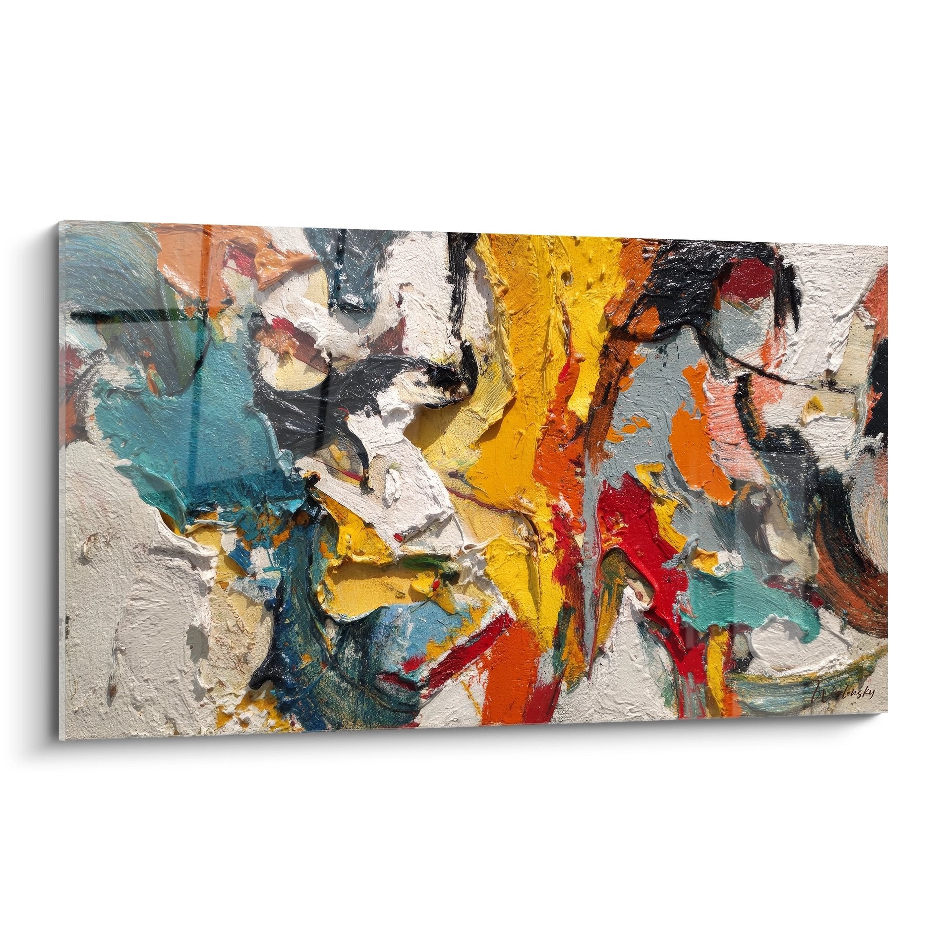 Tableau abstrait coloré avec empâtements jaune bleu rouge orange, art moderne mural décoratif