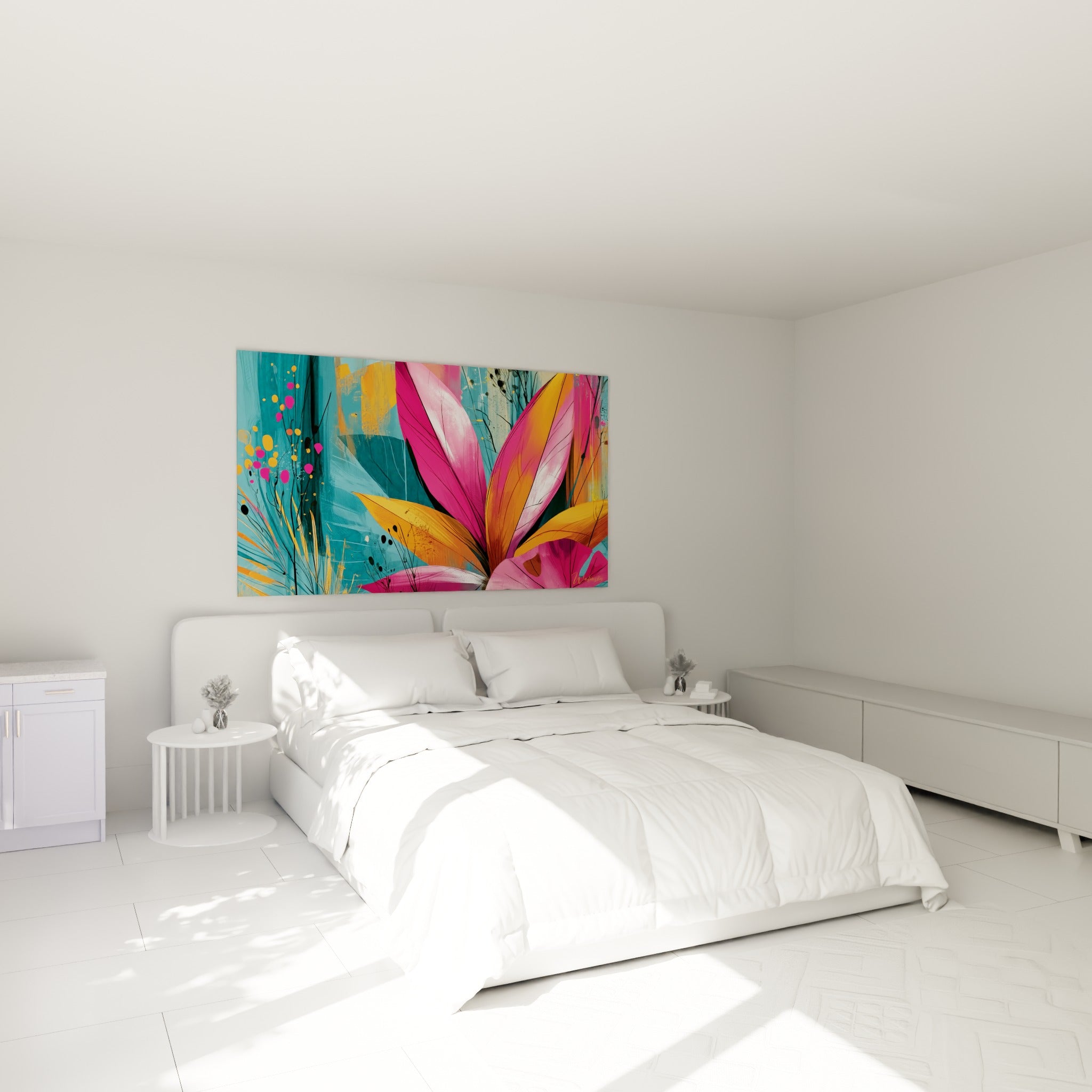 Pétales fuchsia et orangés déployés sur fond turquoise, au-dessus d'un lit dans une chambre claire