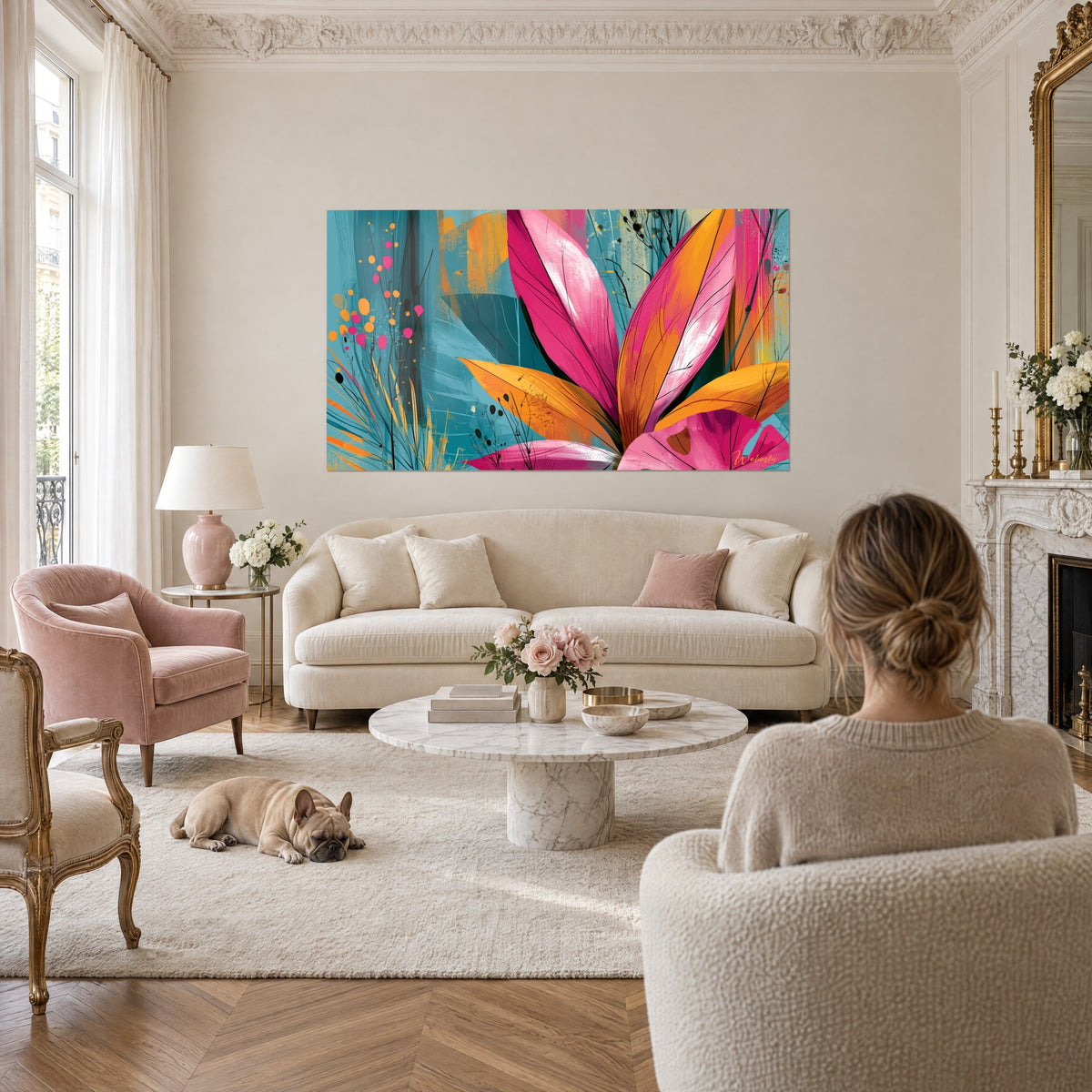 Cuadro flor tropical de pétalos rosas y naranjas sobre fondo turquesa, pareja de espaldas y bulldog, encima de un sofá en un salón luminoso