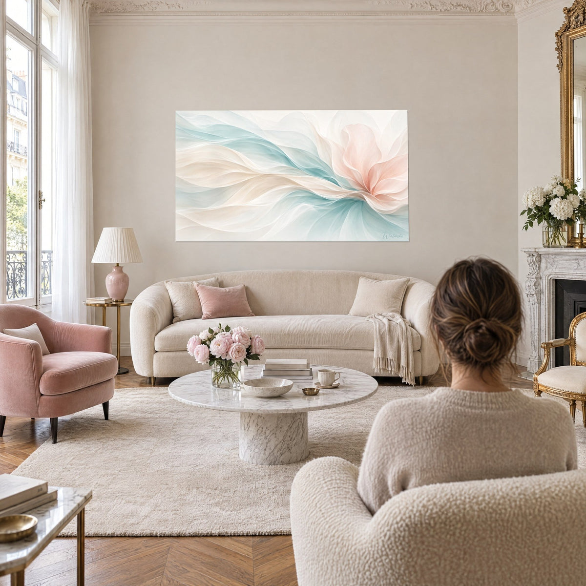 Tableau fleur vaporeuse aux pétales rose pâle et voiles bleu-vert, ondulations crème, au-dessus d'un canapé dans un salon lumineux