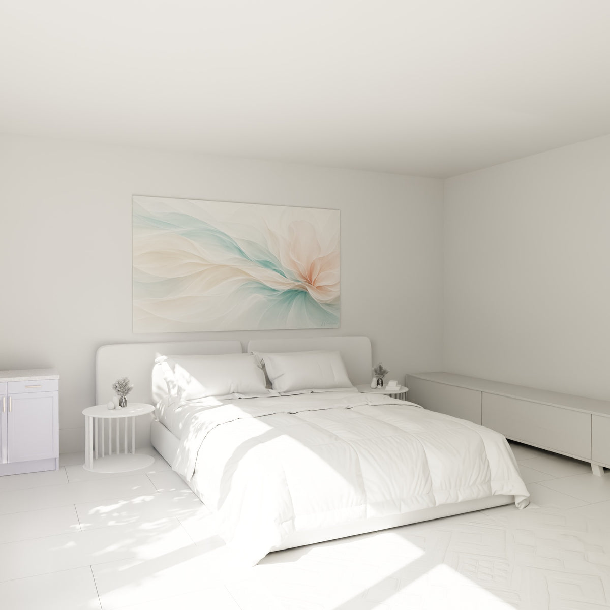 Pétales roses et courbes bleu pastel accrochés au-dessus d'un lit dans une chambre claire