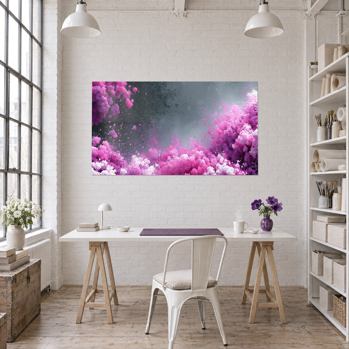 Gemälde mit einer Detonation rosa und weißer Partikel auf kohlegrauem Grund, über einem Schreibtisch aus hellem Holz aufgehängt