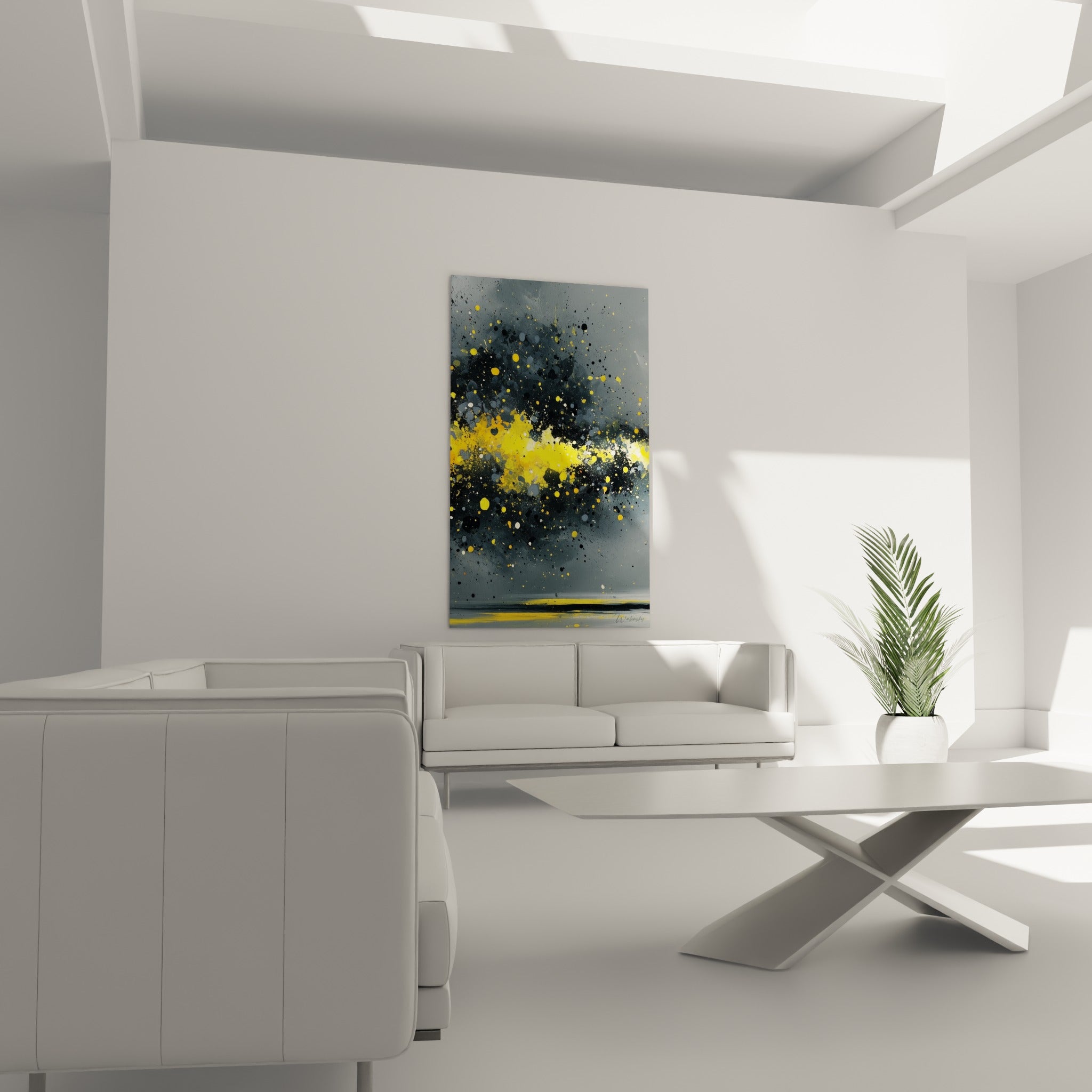 Nuage d'éclats jaune moutarde et anthracite accroché au-dessus d'un canapé dans un salon lumineux