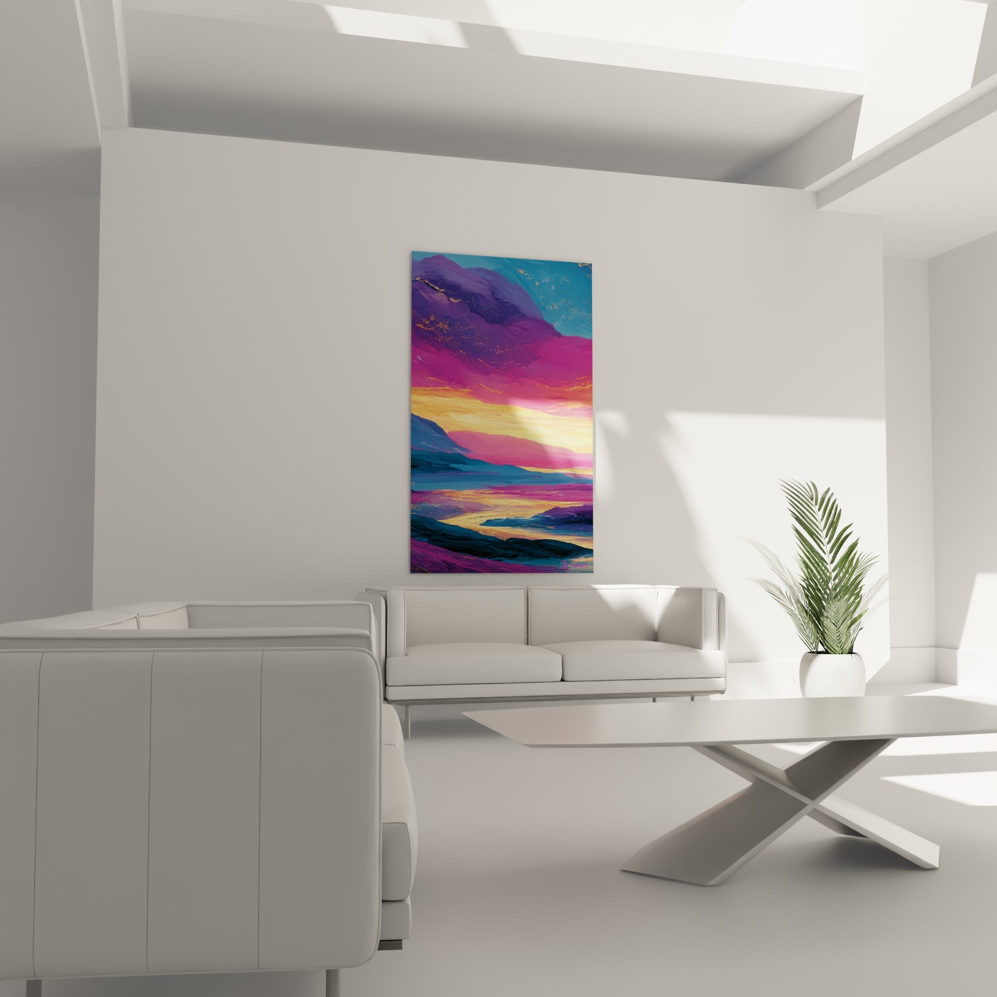 Paysage crépusculaire rose et bleu marine aux textures épaisses, disposé au-dessus d'un canapé dans un salon lumineux