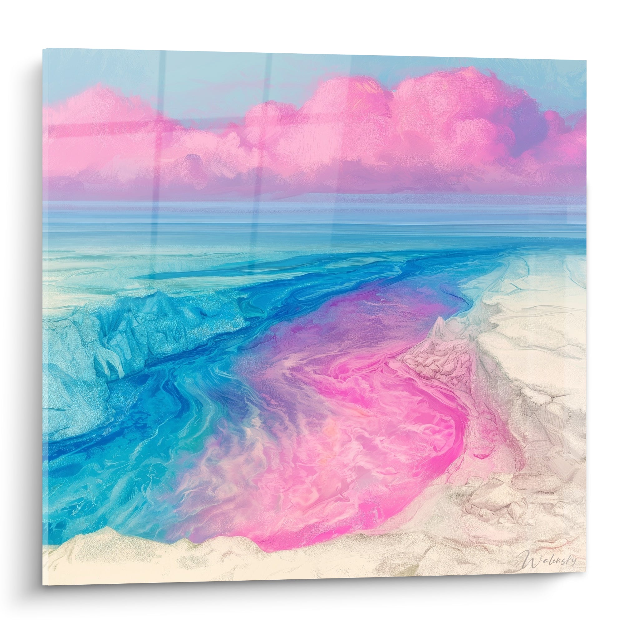 Rivage abstrait aux nuances turquoise et rose fuchsia, ciel nuageux rosé, peinture texturée