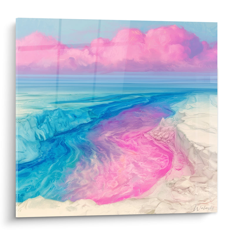 Tableau Rivage aux teintes turquoise et rose fuchsia - Songe côtier - Edition Abstrait Coloré