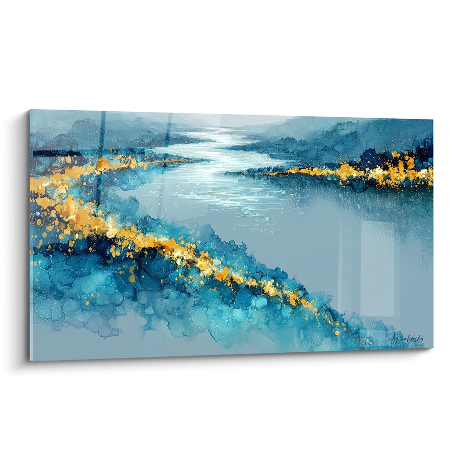 Gemälde Blauer Fluss mit goldenen Ufern - Fließende Landschaft - Farbige Abstrakte Edition