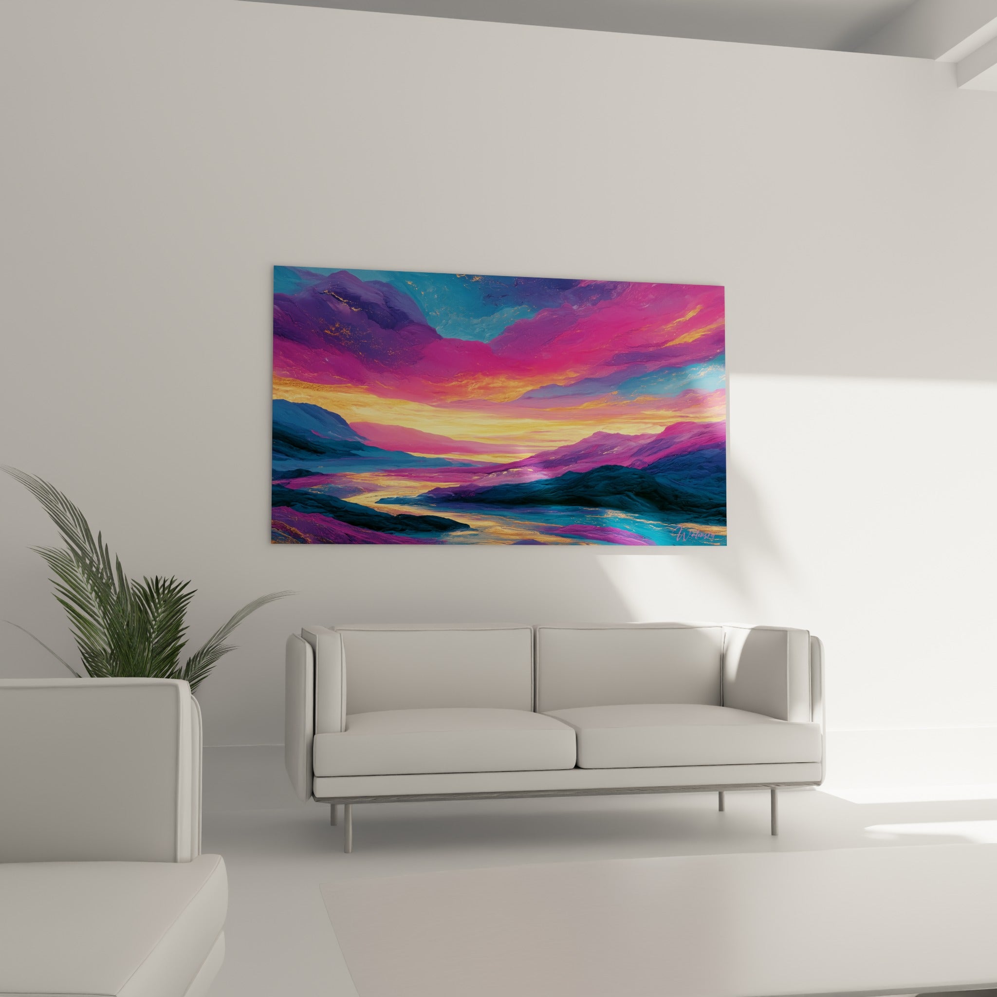 Rivière dorée serpentant entre montagnes violettes et ciel embrasé, au-dessus d'un canapé dans un salon lumineux