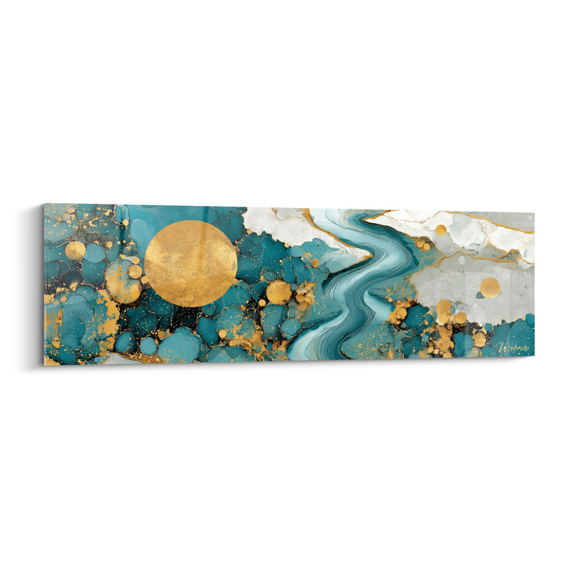 Tableau Disque doré sur roches turquoise et grises - Ruisseau sinueux clair - Edition Abstrait Coloré