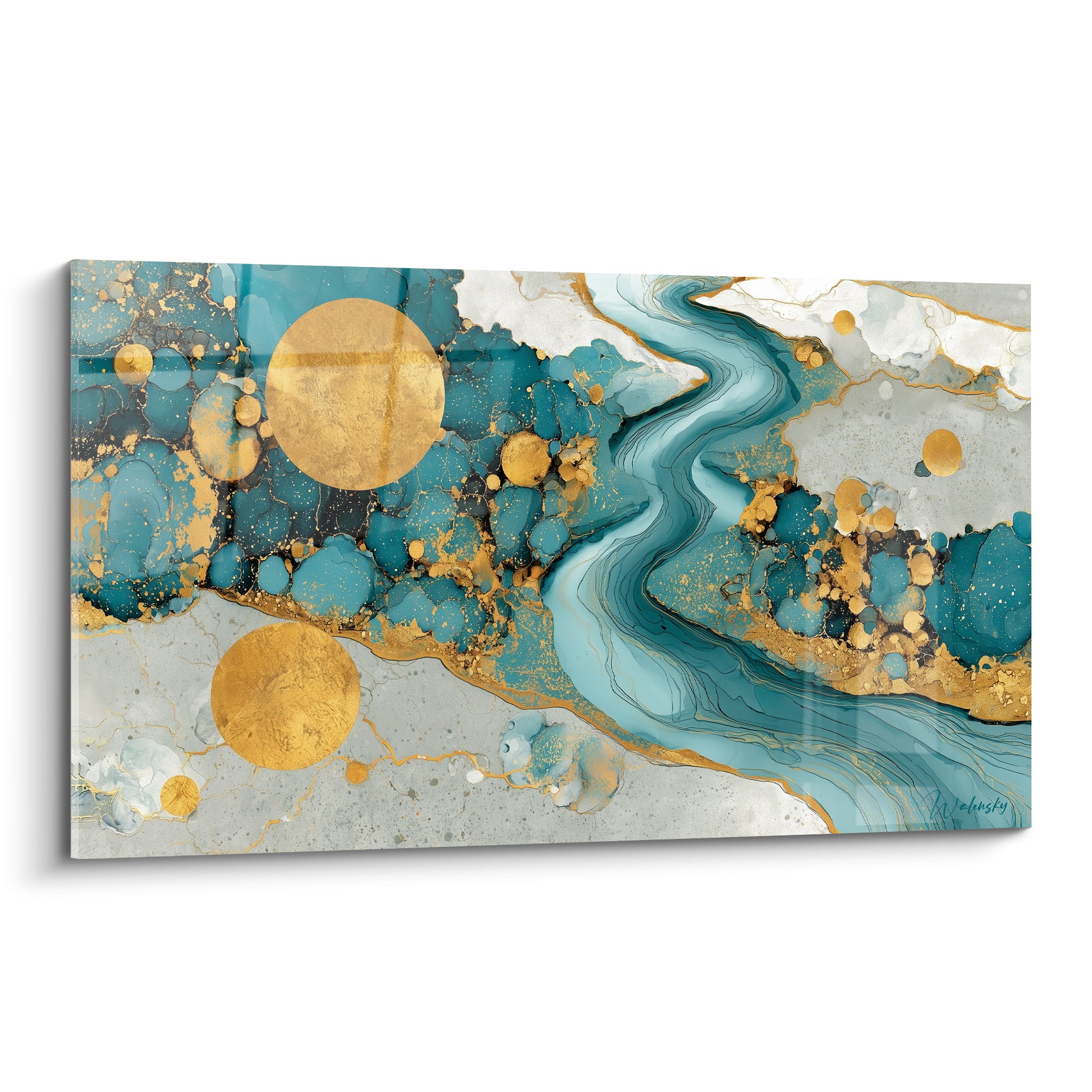 Rivière turquoise sinueuse et disques dorés composent ce tableau Abstrait Coloré sur fond gris anthracite