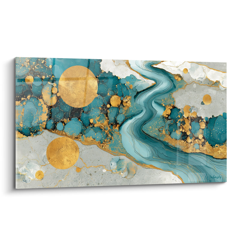 Tableau Rivière turquoise et grise aux disques dorés - Méandre argenté lunaire - Edition Abstrait Coloré