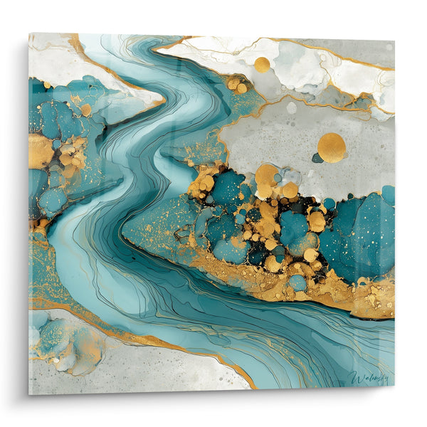 Cuadro Río sinuoso turquesa y dorado - Meandro celestial - Edición Abstracta Colorida