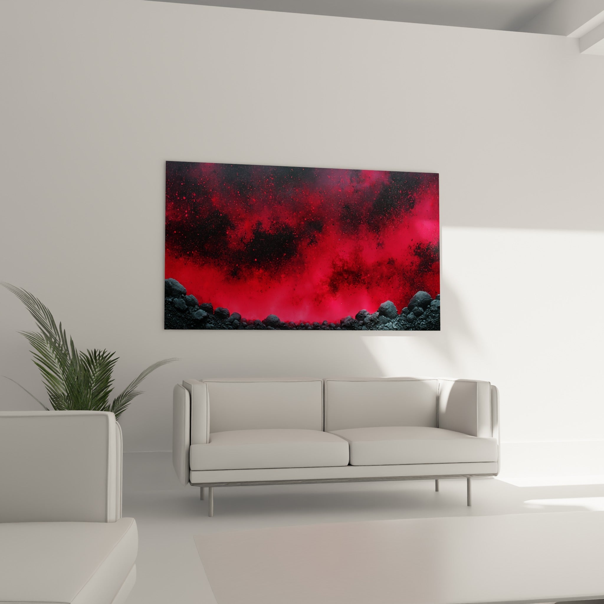 Ciel écarlate et amas rocheux sombre du tableau Abstrait Coloré au-dessus d'un canapé dans un salon lumineux