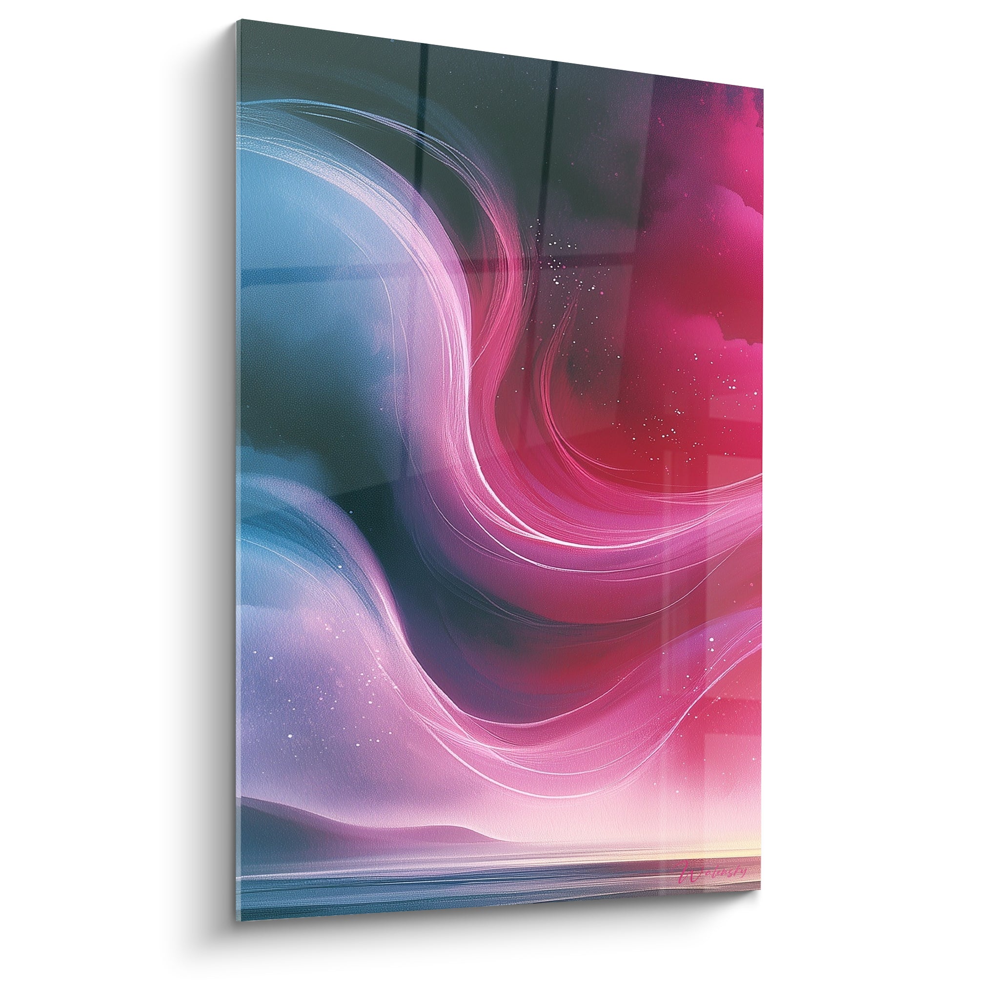 Volutes roses et bleu marine tourbillonnant sur cette œuvre abstraite aux reflets nacrés