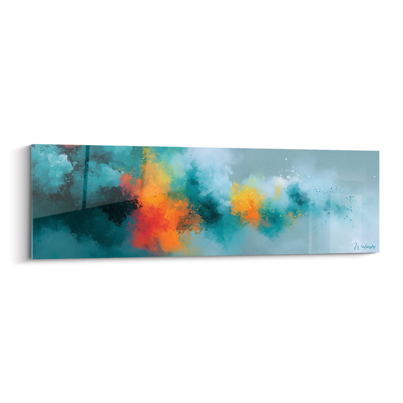Tableau Nuage bleu sarcelle et orange incandescent - Braise sous-marine - Edition Abstrait Coloré