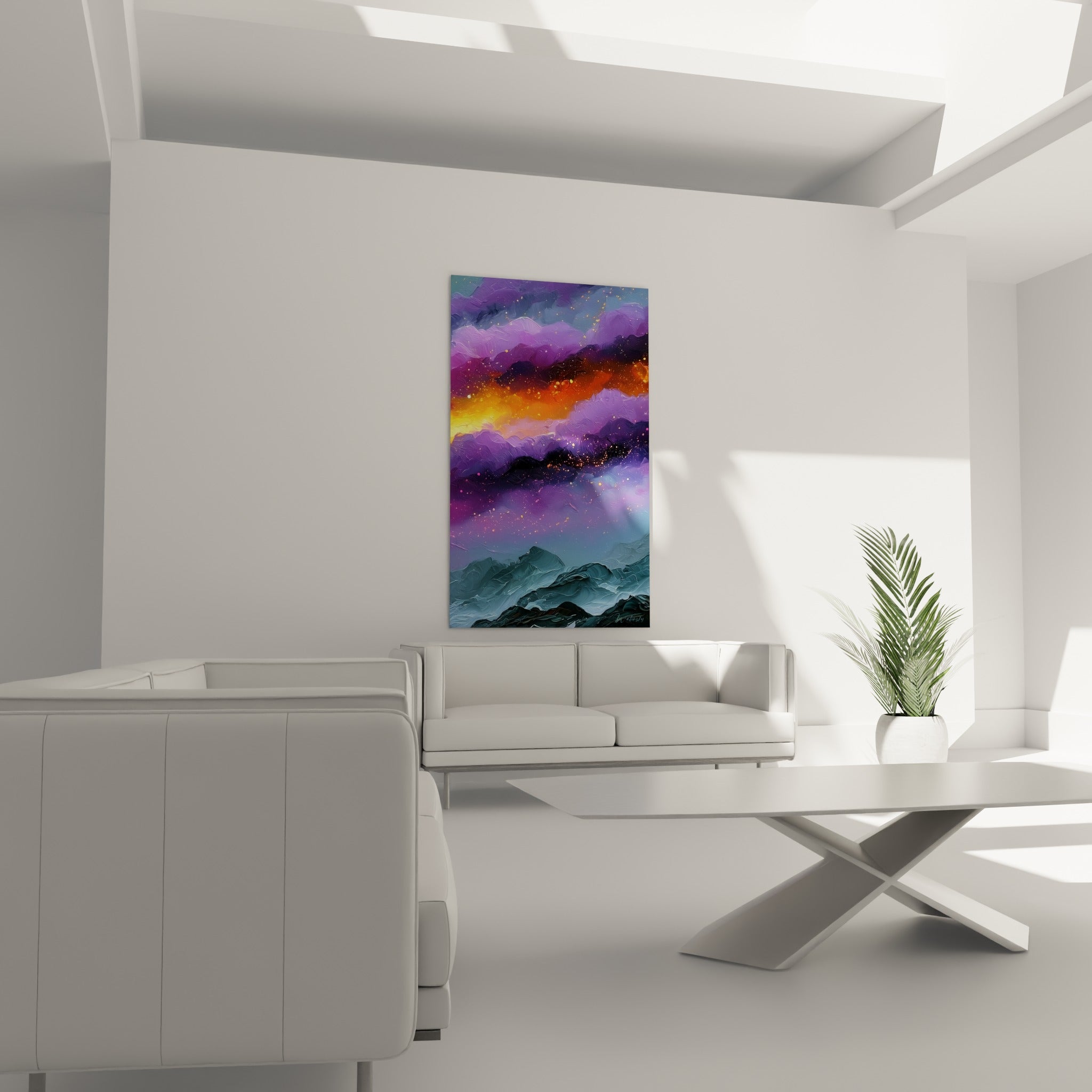 Montagnes anthracite sous un ciel mauve traversé d'orange incandescent, au-dessus d'un canapé dans un salon lumineux