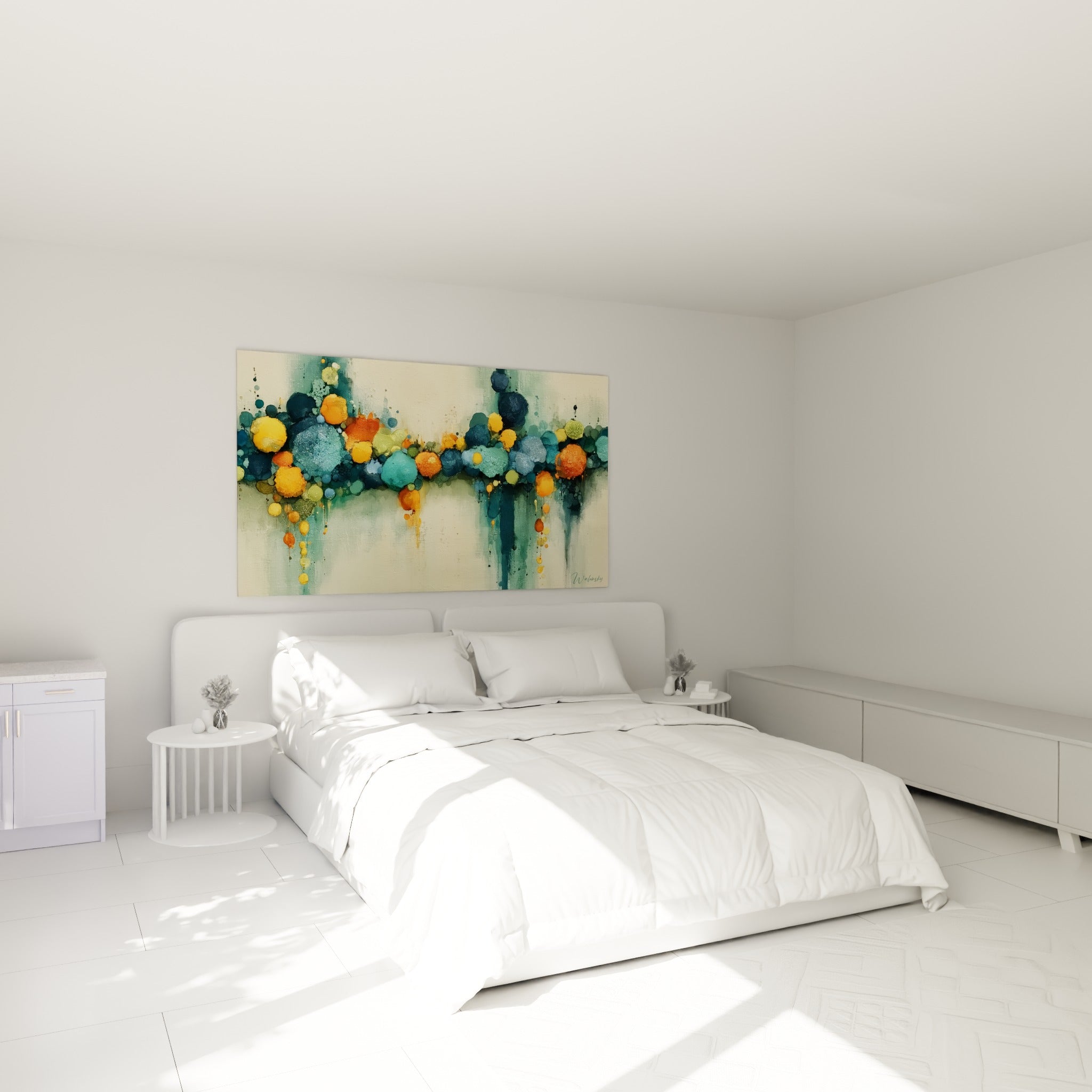Sphères turquoise et dorées en cascade, œuvre abstraite au-dessus d'un lit dans une chambre claire