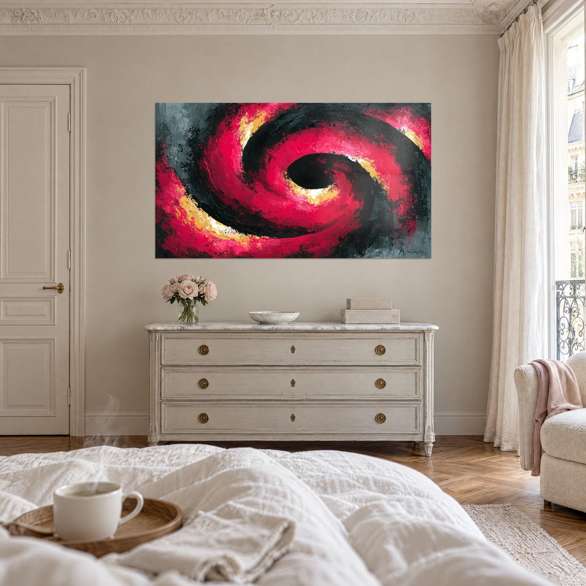 Wall art abstract galaxy in raspberry red and charcoal black, golden relief, hanging above a cream chest of drawers, above a bed in a light bedroom