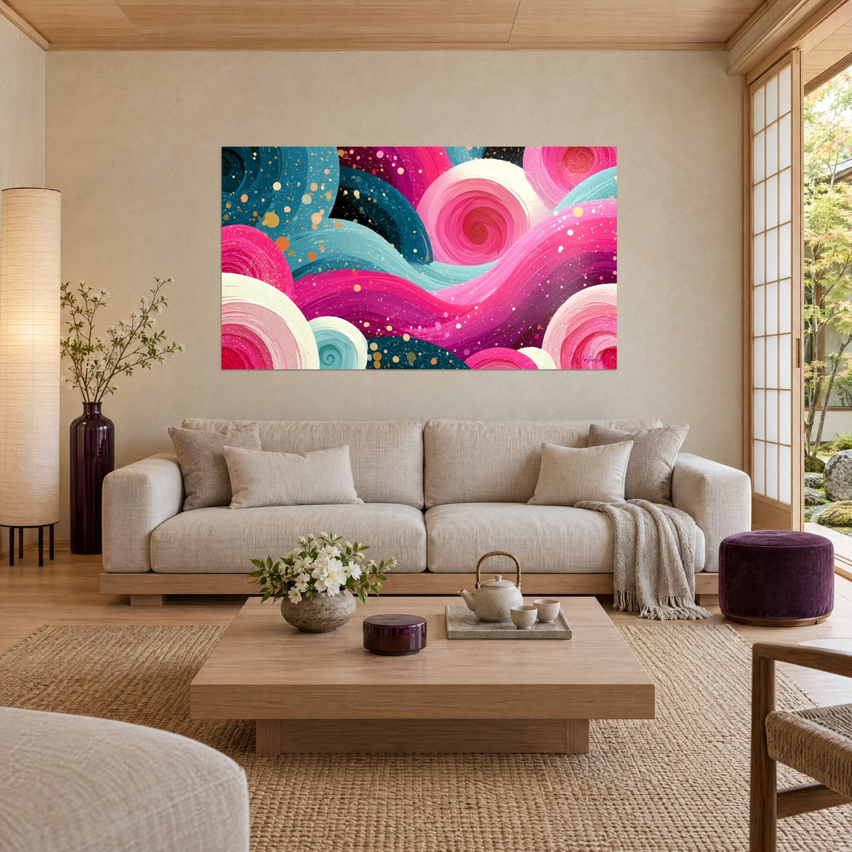 Cuadro de olas en espiral fucsia y verde azulado, salpicaduras doradas, sobre un sofá en un salón luminoso