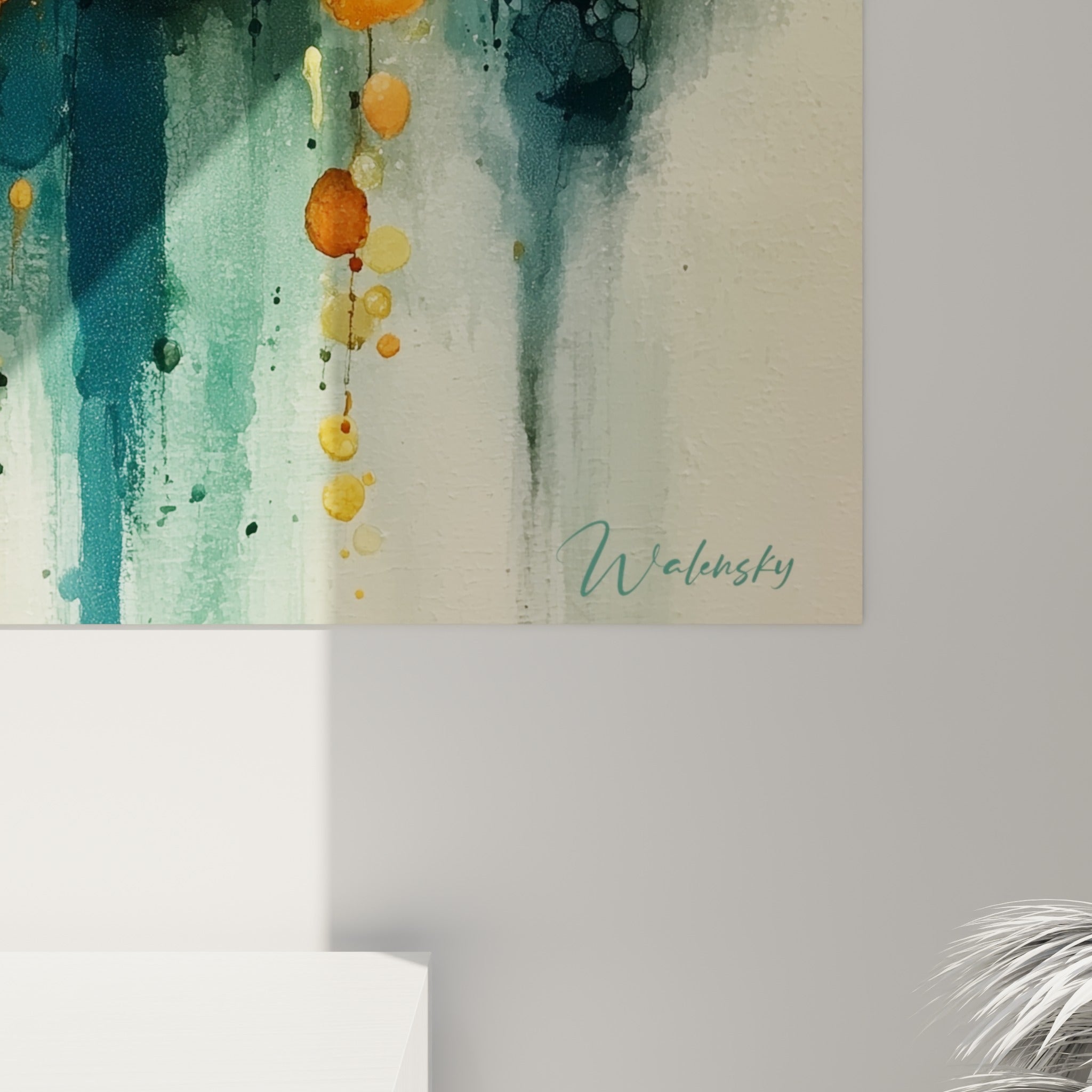 Grain aquarelle visible entre bulles bleu sarcelle et gouttes orangées, empâtements et coulures fines