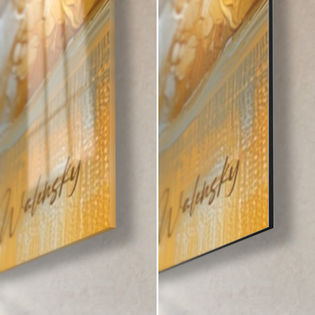 Tableau cellules d'ambre et écume grise, coin bas droit : verre acrylique brillant à reflets et alu Dibond noir mat, tranche 3 mm