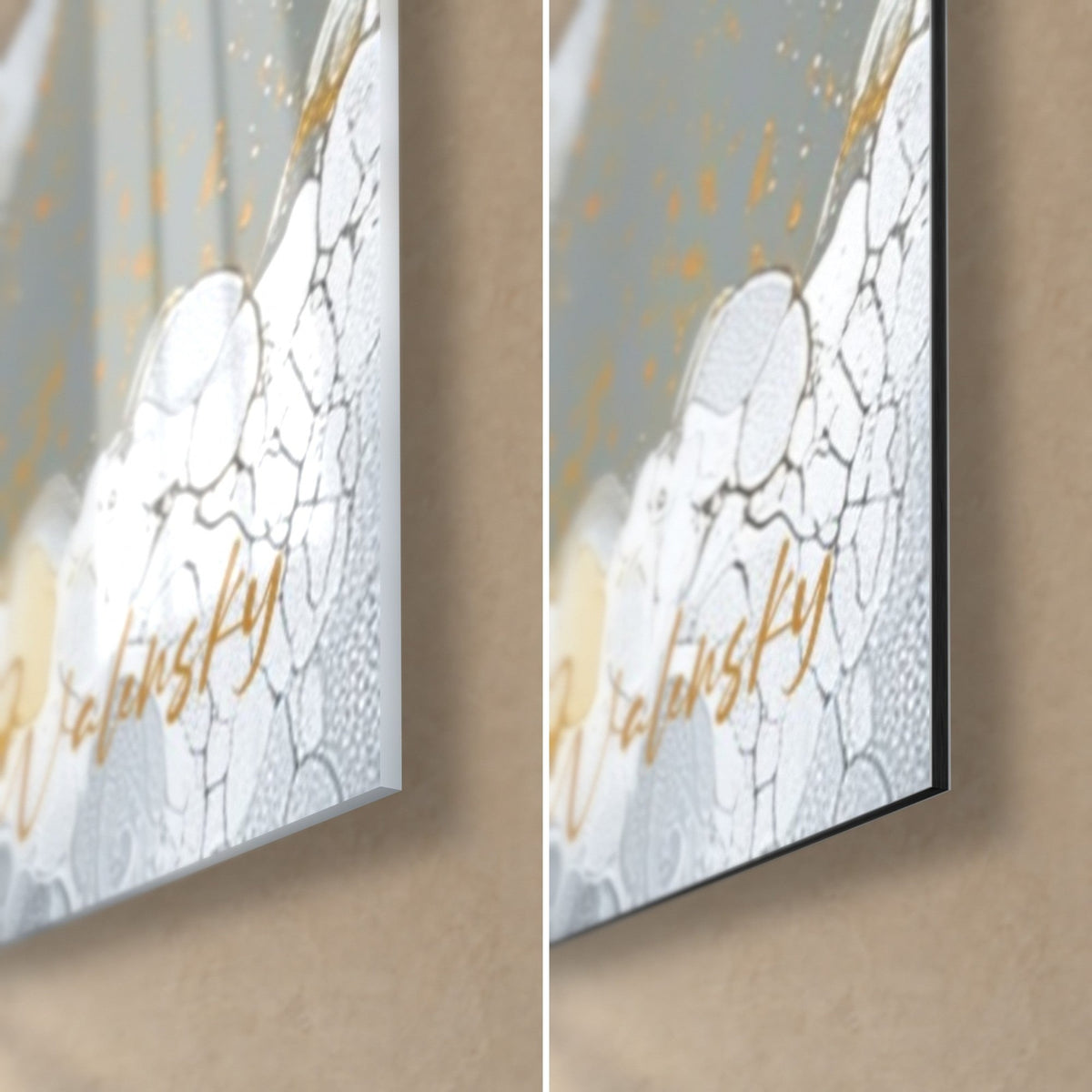 Tableau fusion minérale gris et ambre, coin bas droit : verre acrylique brillant à gauche, alu Dibond mat noir à droite, tranche de 3 mm