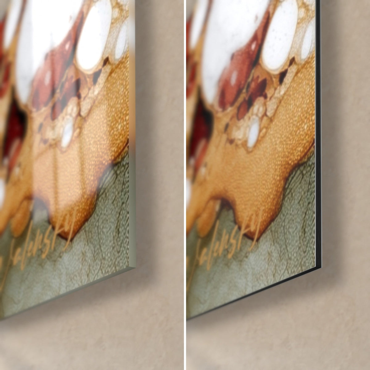 Schilderij met baksteenrode en gouden honingraatcellen, rechter onderhoek, 3 mm dik, glanzend acrylglas links, mat Dibond rechts