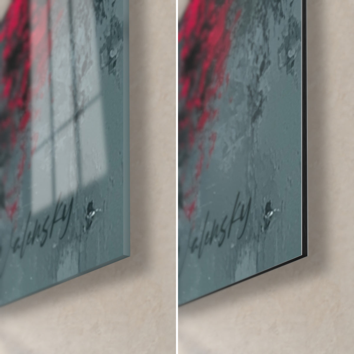 Wall art red carmine vortex, bottom right corner: glossy acrylic glass reflecting a window, matte grey-blue Dibond aluminium and 3 mm edge