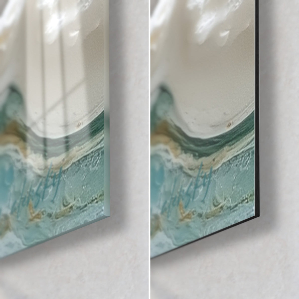 Cuadro de una ola turquesa y blanca, esquina inferior derecha: cristal acrílico brillante a la izquierda, aluminio Dibond mate a la derecha, canto de 3 mm