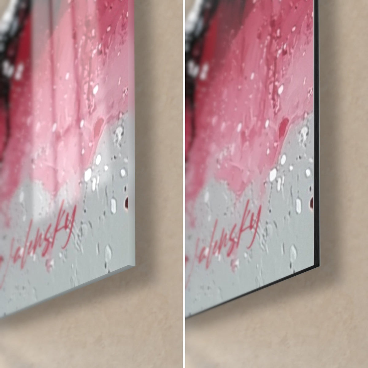 Quadro con schizzi rosa vivo e bianchi su fondo grigio, firma Walensky, bordo nero di 3 mm, vetro lucido e Dibond opaco