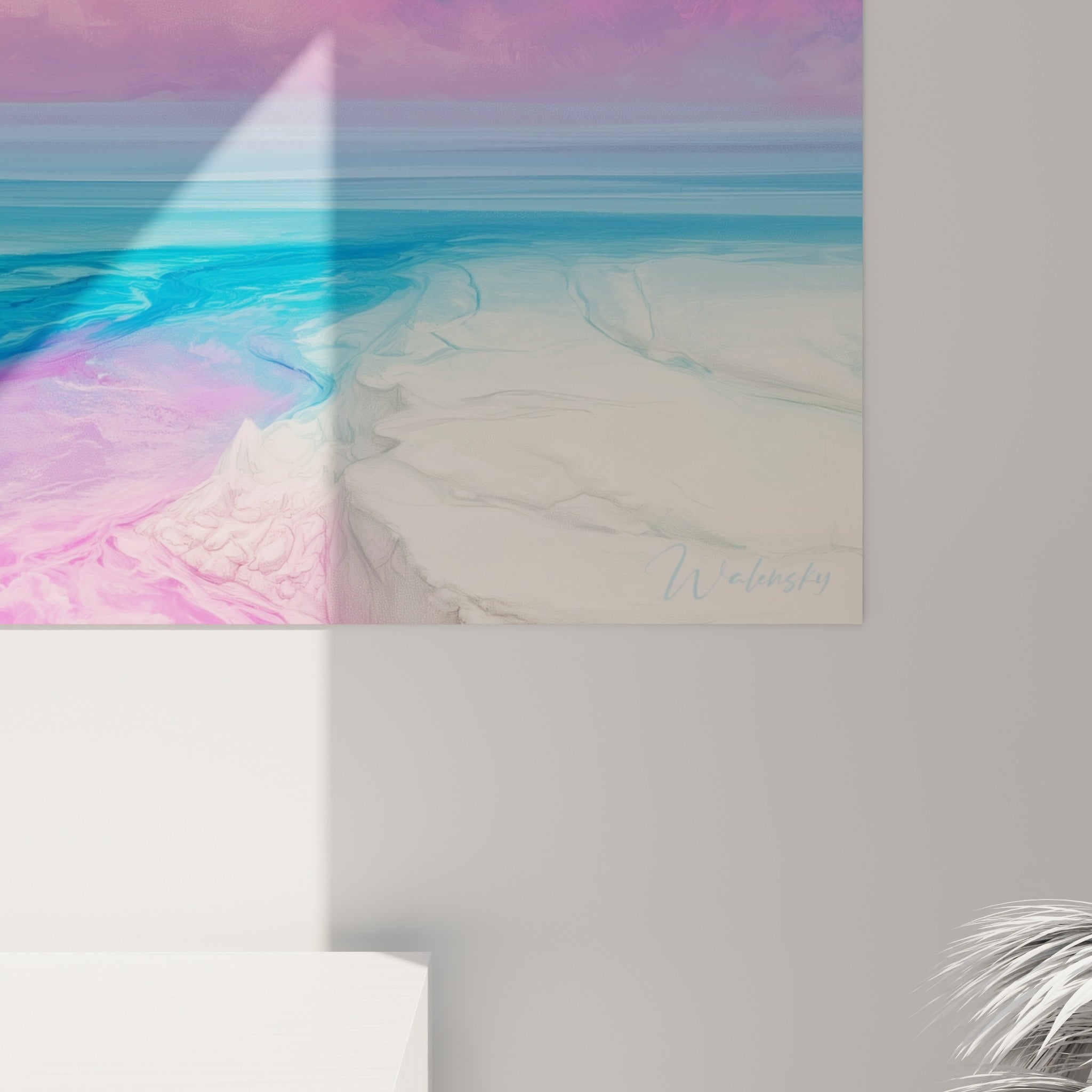 Empâtements fluides mêlant rose magenta et bleu profond, grain fin révélant les coulures de couleur au bord du cadre