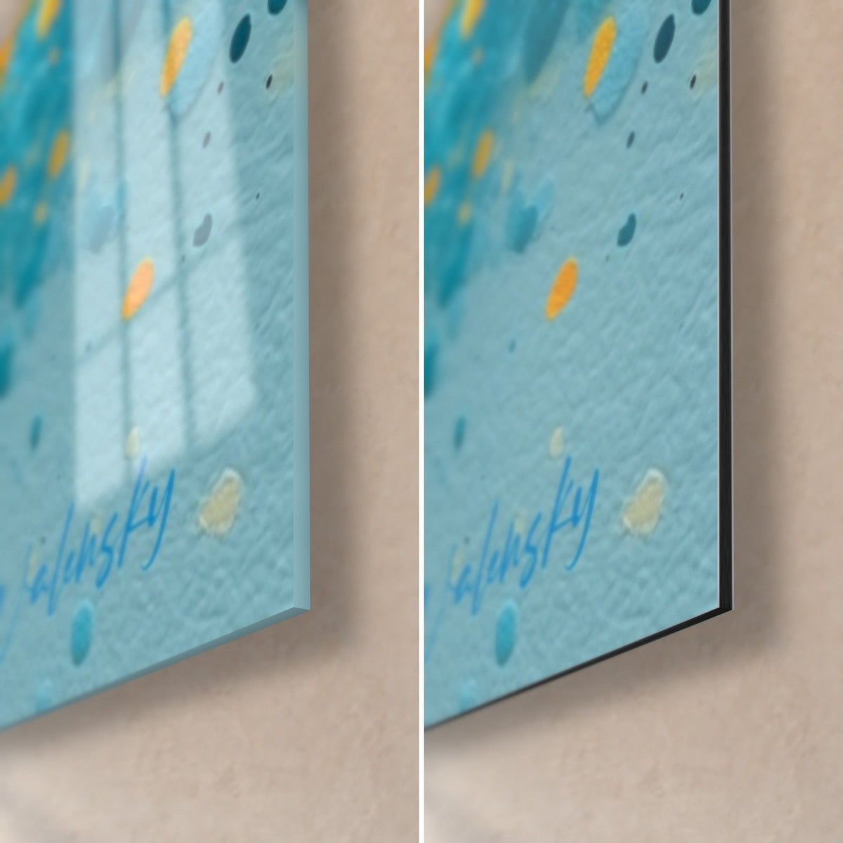 Tableau vague dorée et bleue, coin bas droit : verre acrylique brillant aux reflets, alu Dibond mat turquoise, tranche de 3 mm