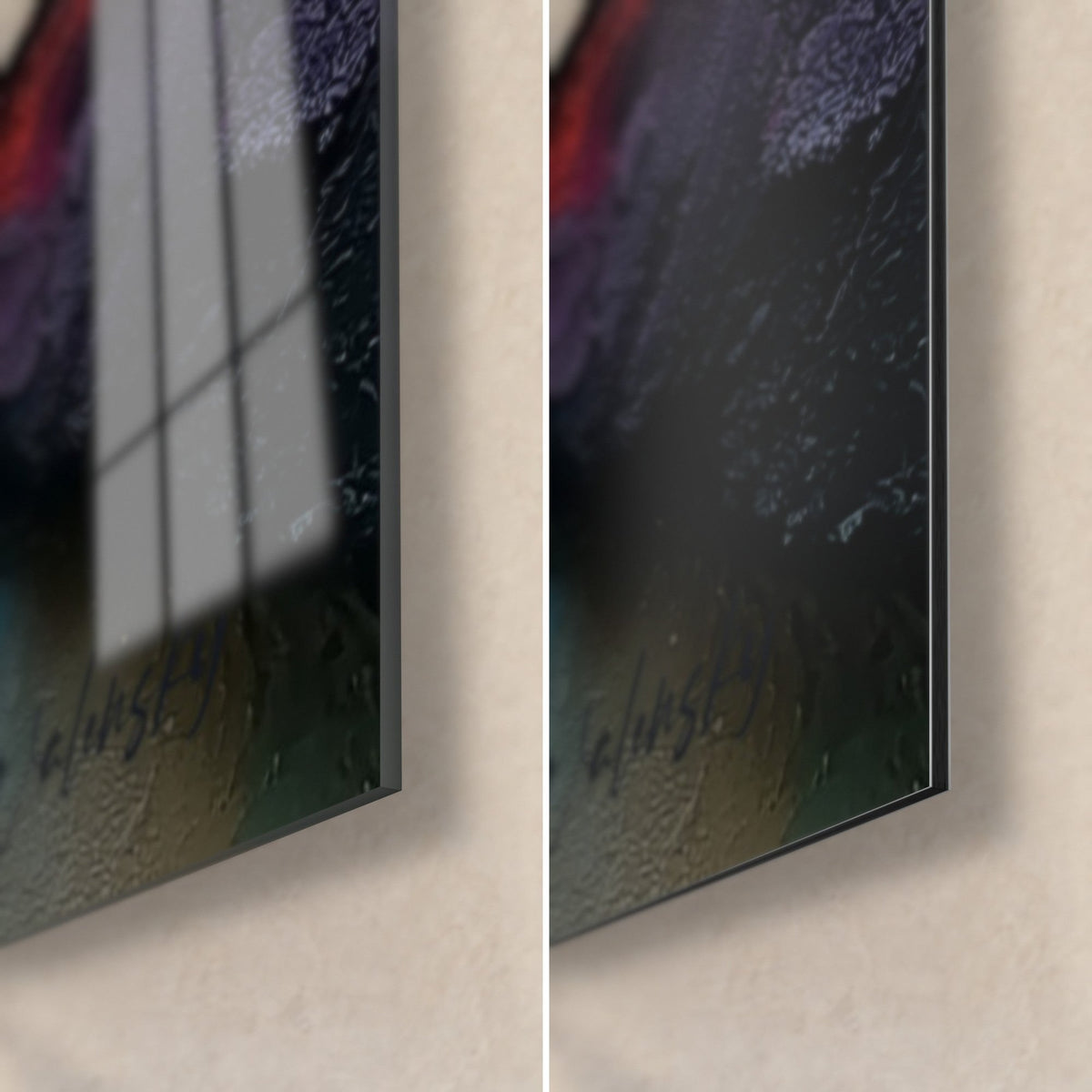 Tableau fissure volcanique en peinture épaisse, coin bas droit en verre brillant et alu Dibond mat noir, tranche de 3 mm