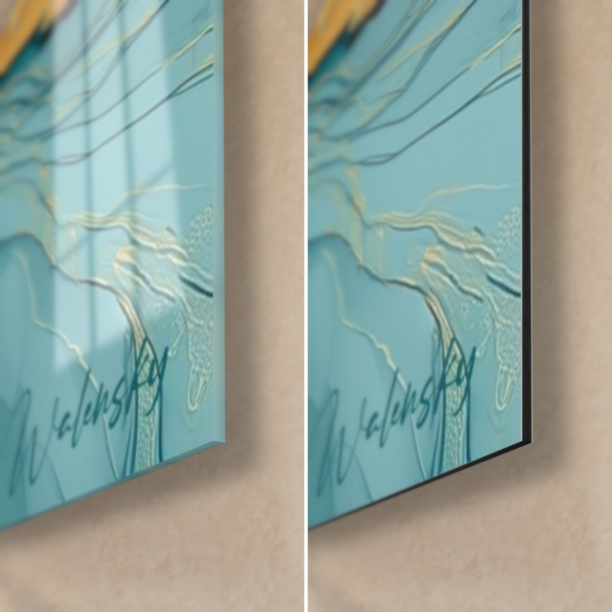 Tableau cours d'eau turquoise et nappes d'or, coin bas droit : verre acrylique brillant à gauche, Dibond noir mat à droite