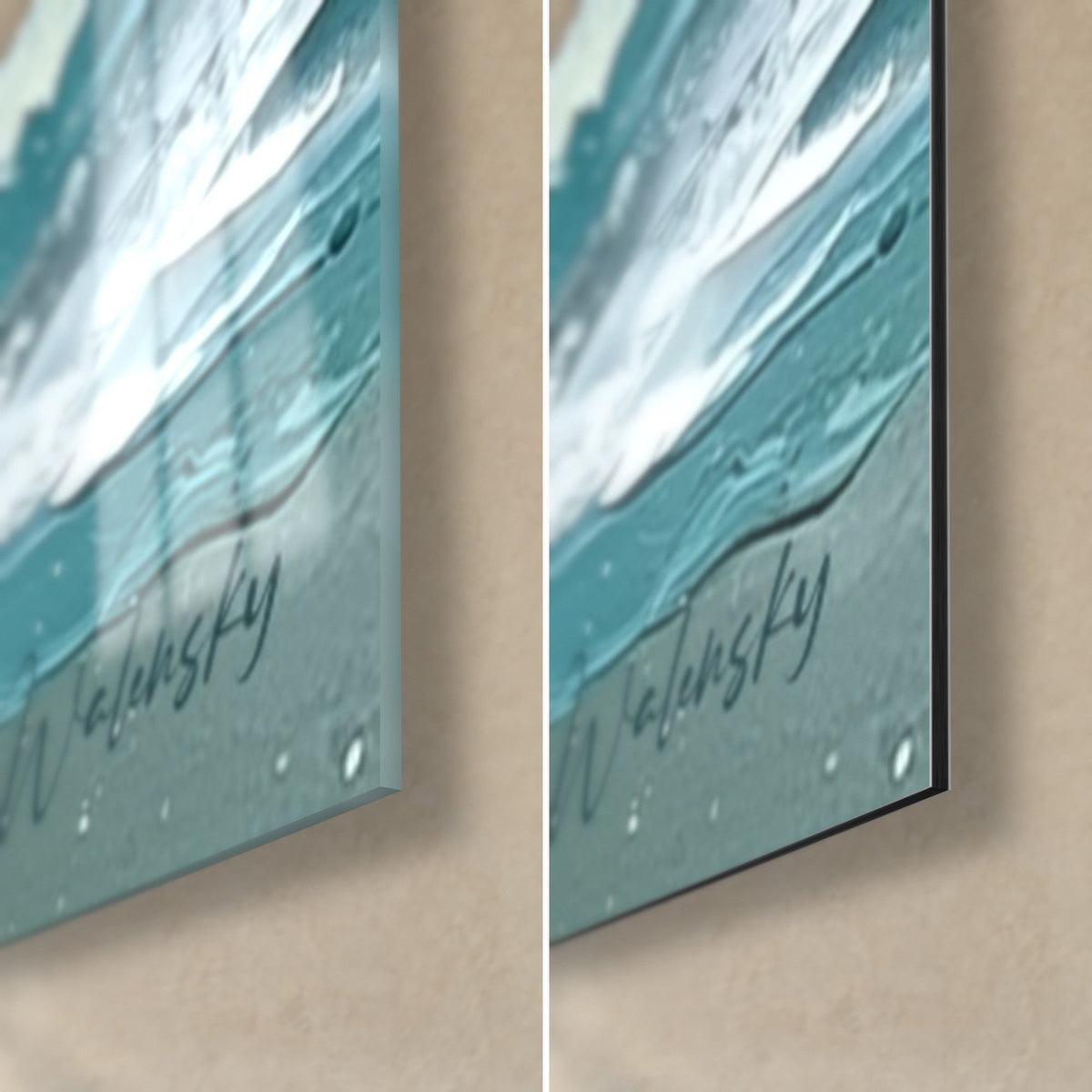 Tableau tempête abstraite jaune et bleu pétrole, coin bas droit en verre brillant et alu Dibond mat, tranche de 3 mm