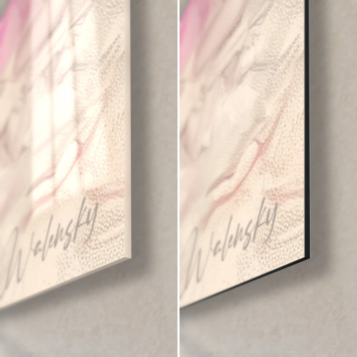 Tableau côte pastel aux nuages roses, coin bas droit : verre acrylique brillant à gauche, Dibond mat à droite, tranche de 3 mm