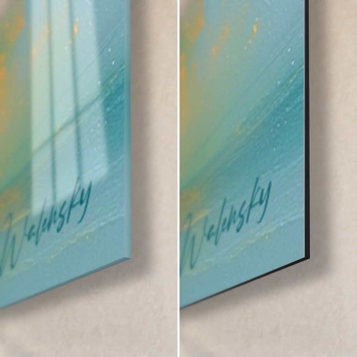 Wall art glowing heart in turquoise and ochre paint, bottom right corner: glossy glass on the left, matte black Dibond on the right