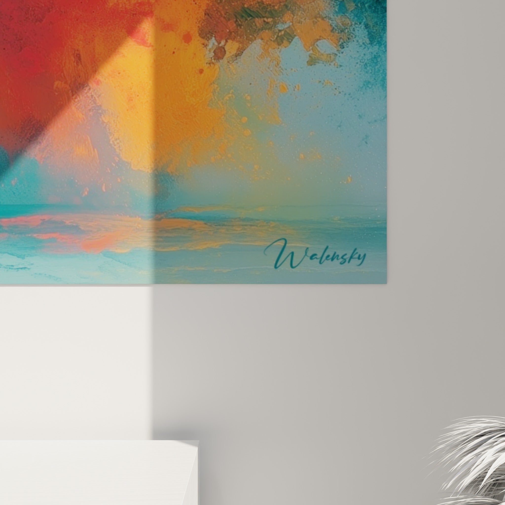 Pigments orange, rouge et turquoise se mêlant en dégradés granuleux, empâtements visibles sur la toile accrochée