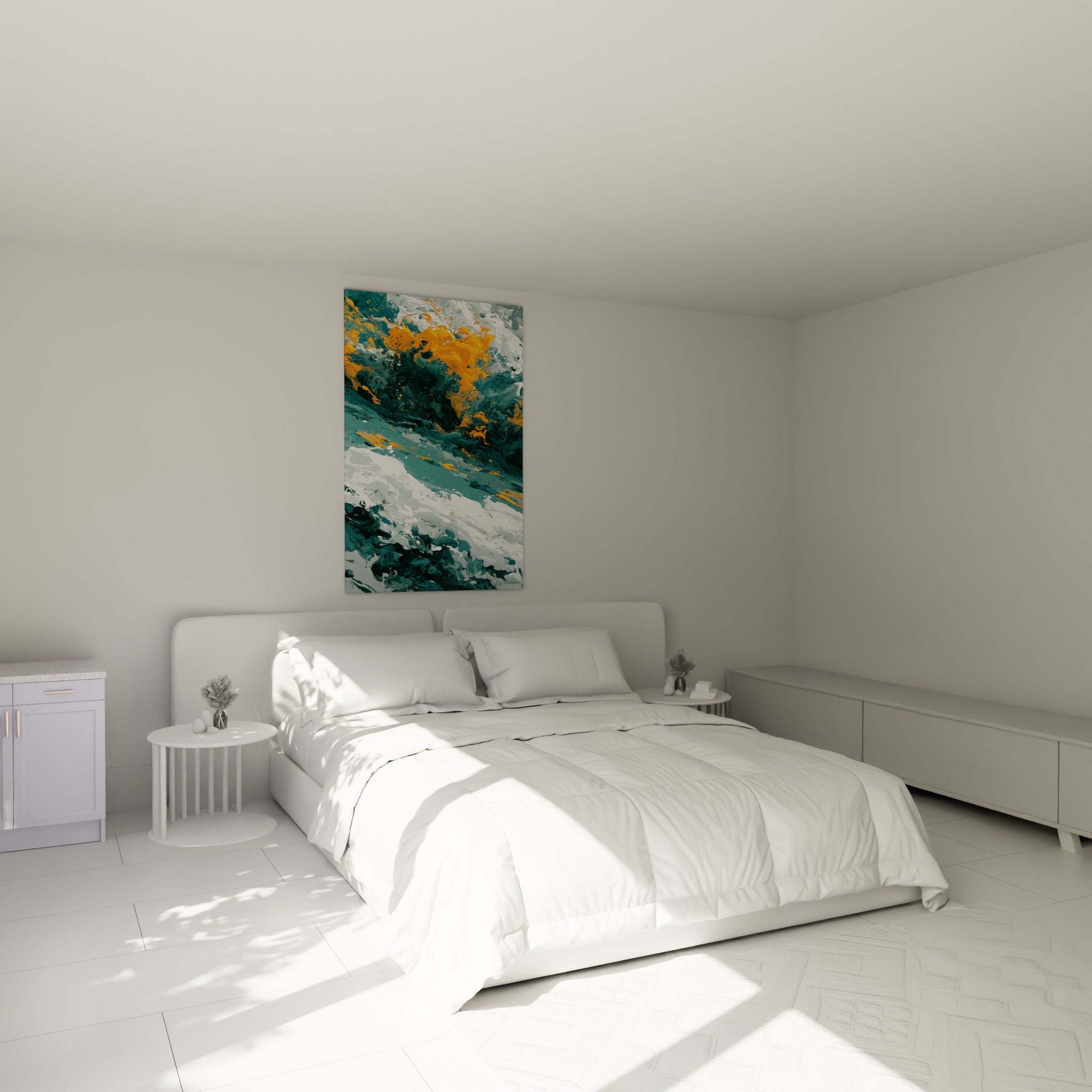 Tourbillons sarcelle et orange incandescent, œuvre abstraite au-dessus d'un lit dans une chambre claire