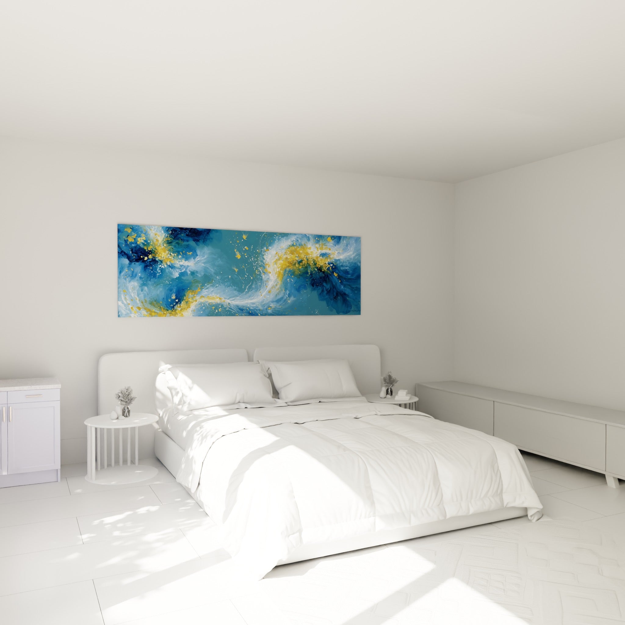 Vagues bleu marine et dorées de l'Abstrait Coloré au-dessus d'un lit dans une chambre claire