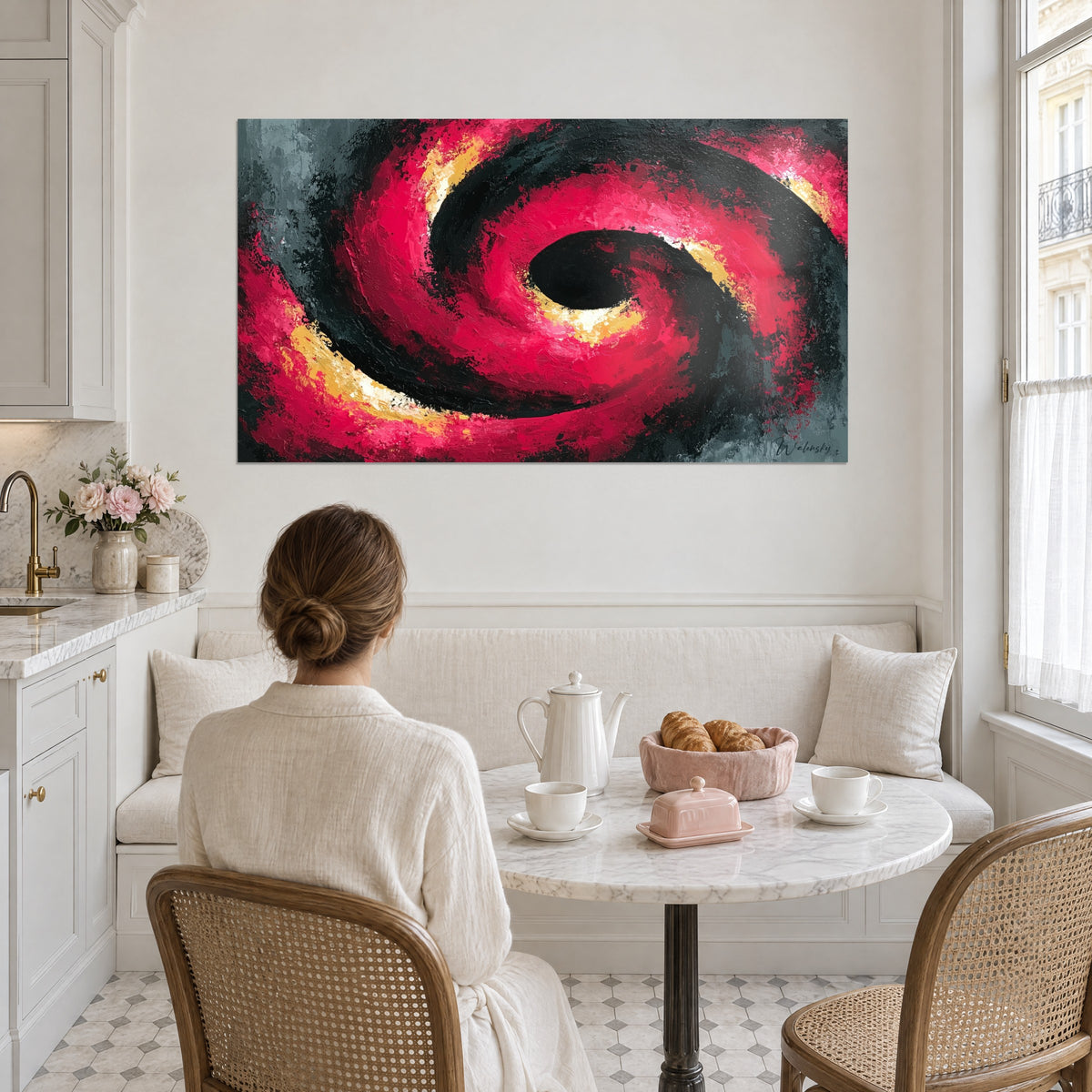 Wall art scarlet and slate-grey swirls, saffron yellow sparks, hung above a cream banquette, facing a woman seen from behind