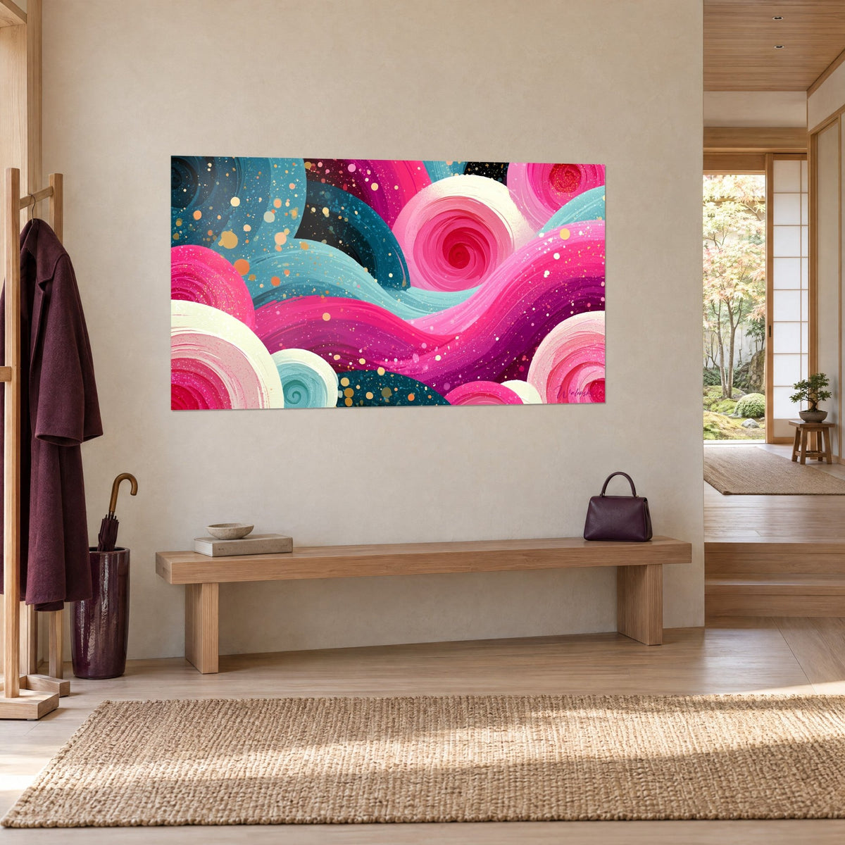Cuadro de remolinos de pintura magenta y turquesa, volutas crema con destellos, colgado en una pared beige junto a un banco de madera