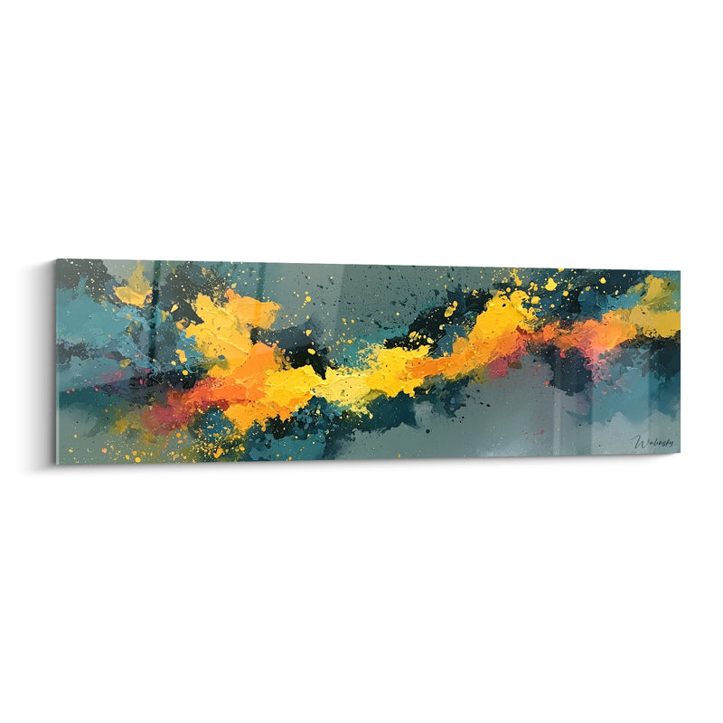 Tableau Traînée jaune et bleu sarcelle éclaboussée - Sillage lumineux étincelant - Edition Abstrait Coloré