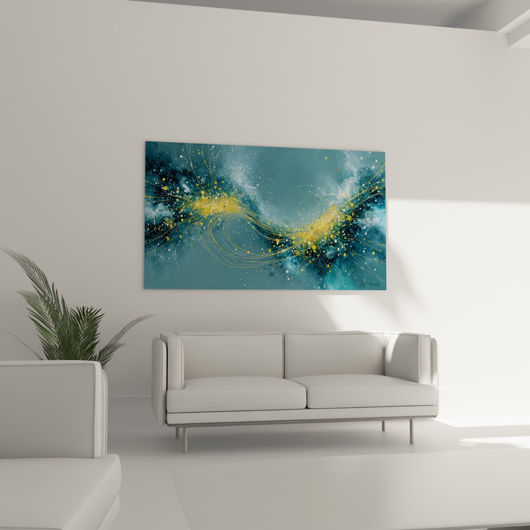Traînée lumineuse jaune et bleu anthracite au-dessus d'un canapé dans un salon lumineux