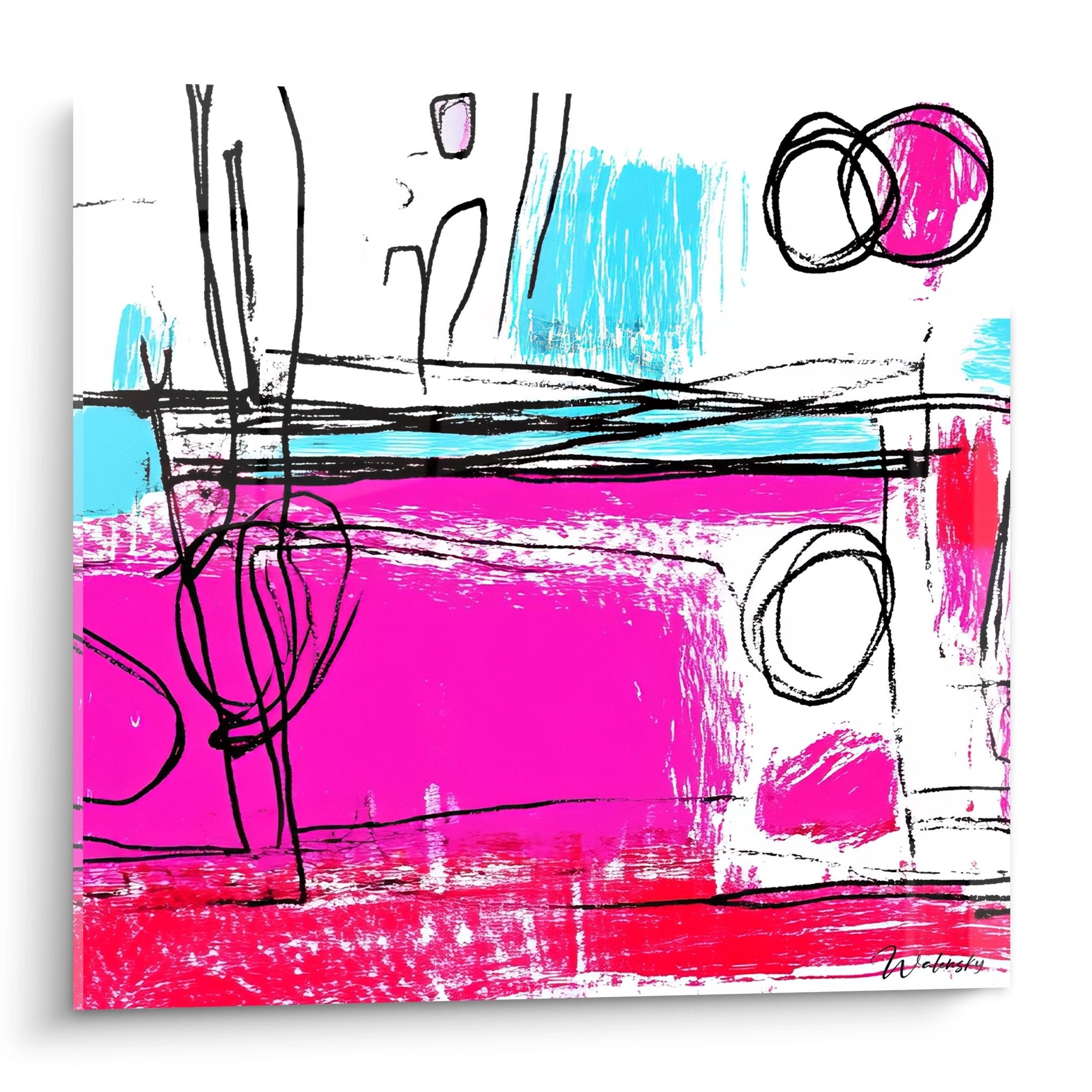 Tableau abstrait coloré aux traits expressifs roses et bleus sur fond blanc, style dessin contemporain