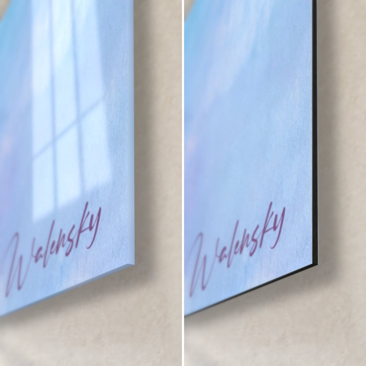 Tableau éclats de peinture rose et violet, tranche noire de 3 mm, verre acrylique brillant à gauche, alu Dibond mat à droite